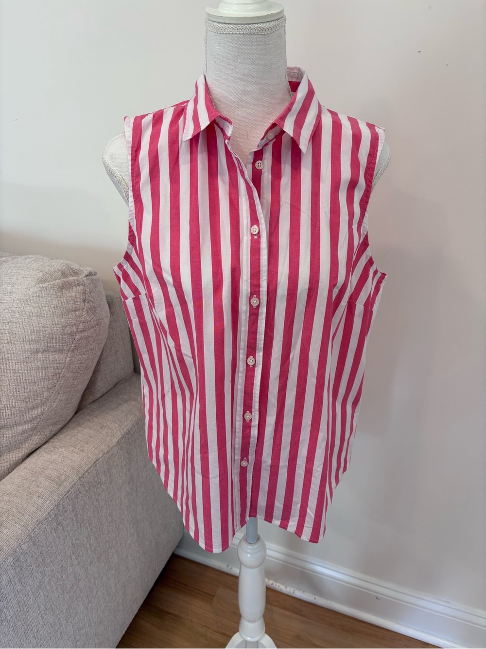 J.Crew red and white striped sleeveless button-down shirt size large